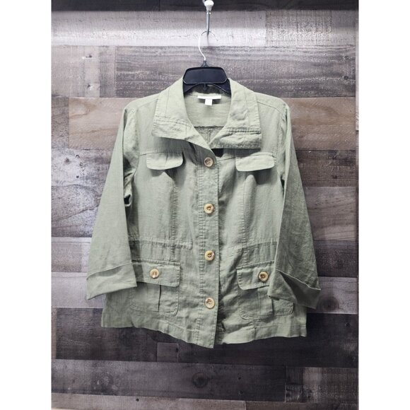 JM Collection Women's 12P 100% Linen Safari Button up Military Jacket Olive - Picture 1 of 9